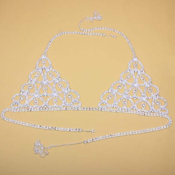 Chain Body Lingerie Set Heart Bling Crystal Bra Thong Jewelry Bikini Underwear - Picture 5 of 7